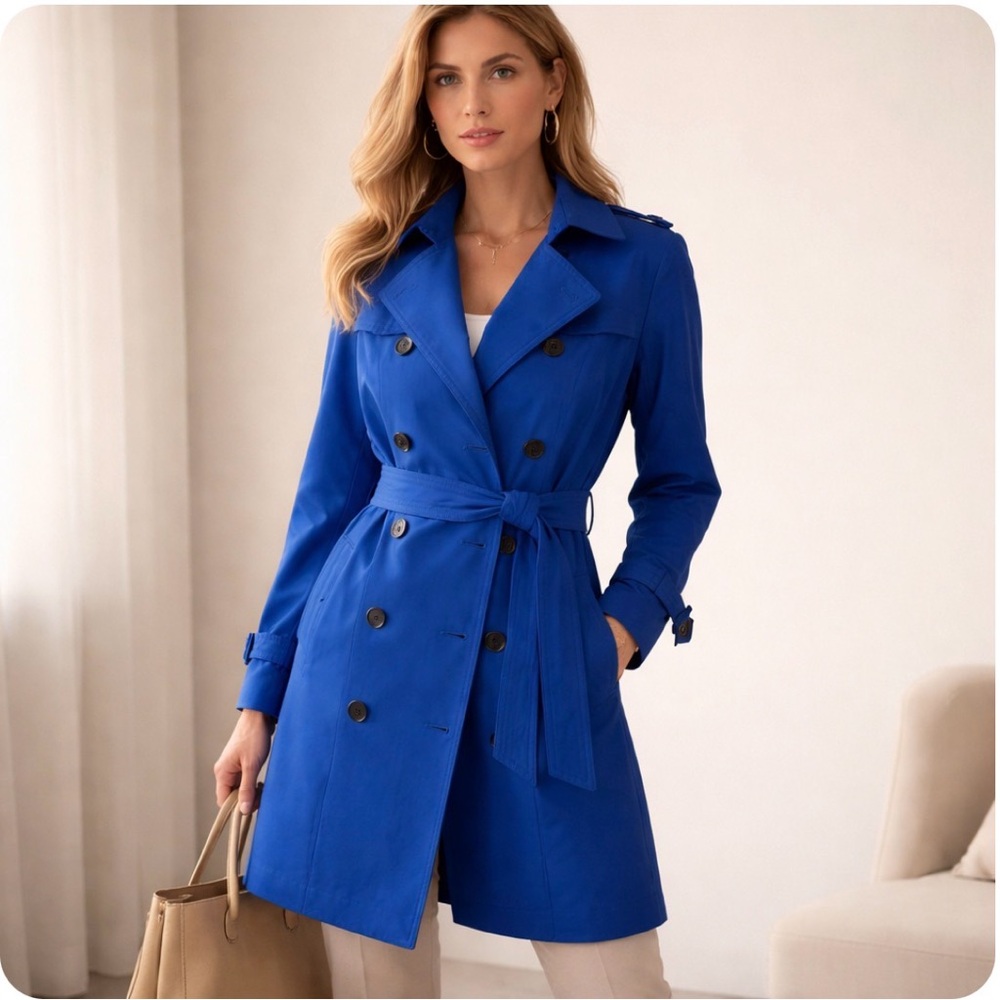 Anne Klein Cobalt Double Breasted Trench Coat S Preppy Career Capsule Wardrobe